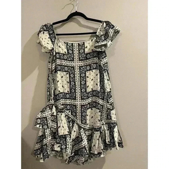 Cinq A Sept Minella Off-the-shoulder Dress Sz 6 Paisley Bandana Blue Flutter NEW - Picture 5 of 11